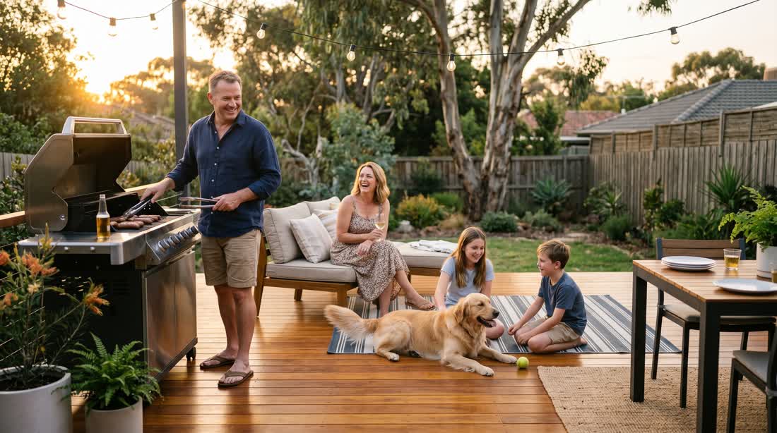 Deck Rejuvenation reviews — Melbourne family enjoying a professionally restored and oiled timber deck at golden hour