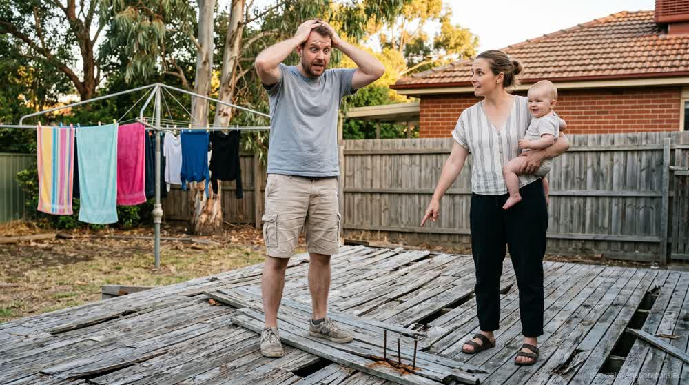 Melbourne couple looking at their neglected timber deck with rusty nails sticking up — frequently asked questions about deck restoration