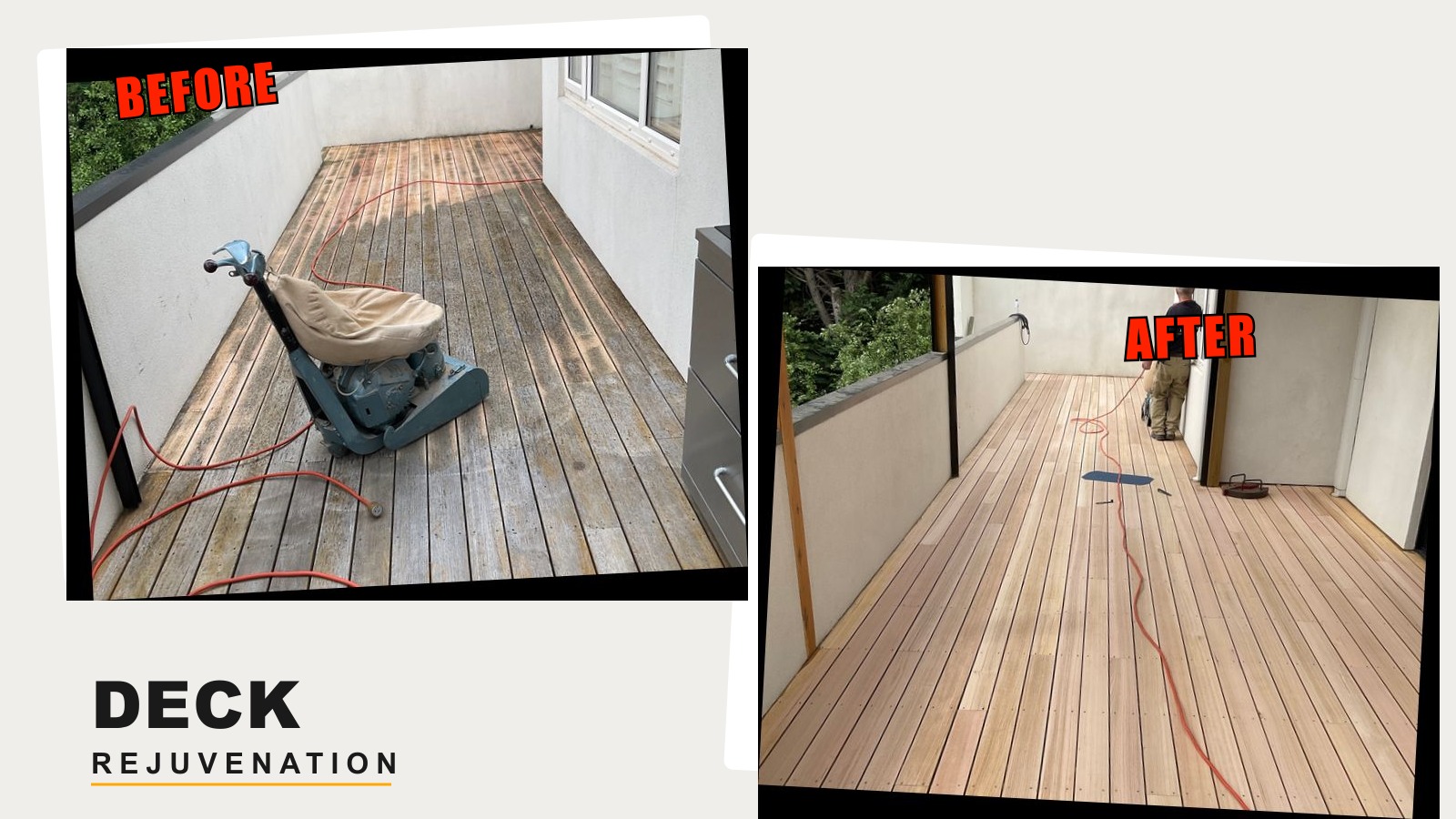 Before and after deck sanding Melbourne - weathered Blackbutt deck with walk-behind sander transformed to smooth sanded finish by Deck Rejuvenation
