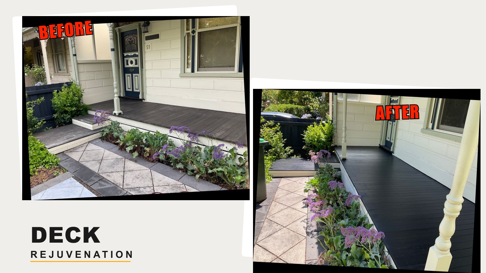 Before and after deck oiling Melbourne - faded jarrah porch transformed with Black Japan finish by Deck Rejuvenation
