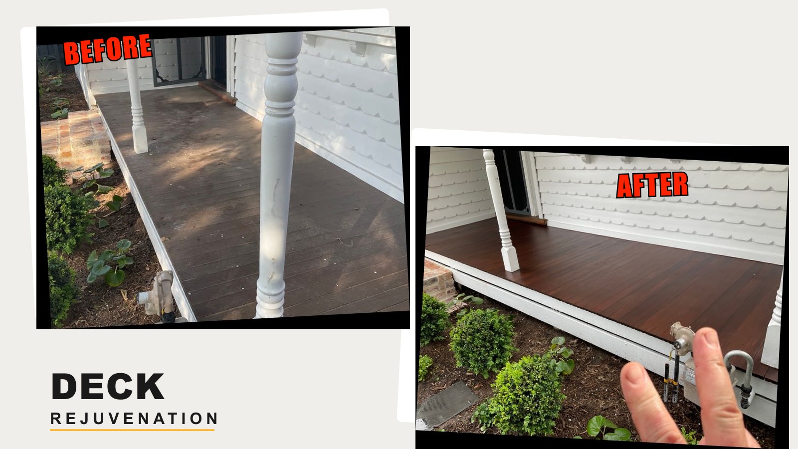Professional deck restoration before and after - Jarrah porch, Northcote Melbourne Before and after deck restoration Melbourne - weathered jarrah porch restored to rich dark finish by Deck Rejuvenation in Northcote
