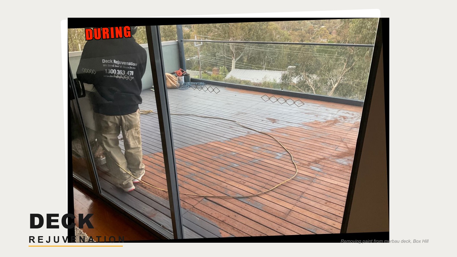 Professional deck repair - paint removal from merbau deck, Box Hill Melbourne Deck repair in progress - removing paint finish from merbau deck in Box Hill Melbourne by Deck Rejuvenation